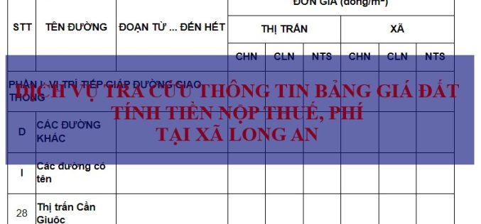 Dịch vụ tra cứu thông tin giá đất để tính tiền nộp thuế khi mua bán đất tại xã Long An, huyện Cần Giuộc