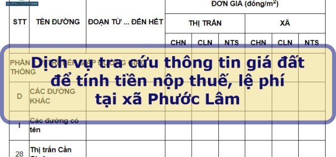Dịch vụ tra cứu thông tin giá đất để tính tiền nộp thuế khi mua bán đất tại xã Phước Lâm, huyện Cần Giuộc