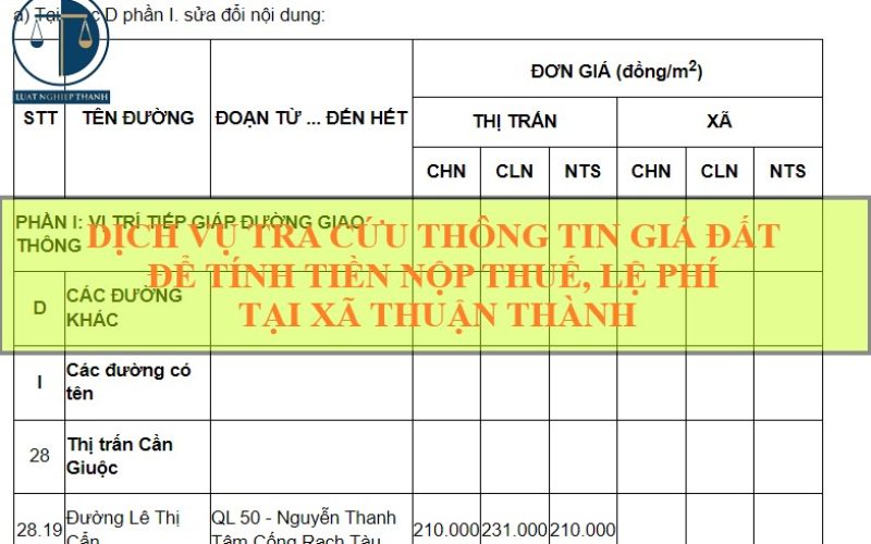 Dịch vụ tra cứu thông tin giá đất để tính tiền nộp thuế khi mua bán đất tại xã Thuận Thành, huyện Cần Giuộc
