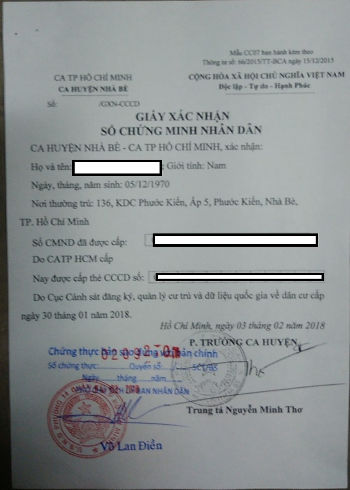 Giấy xác nhận số CMND